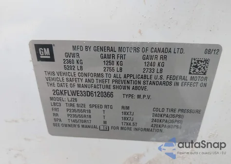 2013 GMC Terrain Slt-2 z USA, uszkodzony, nr VIN 2GKFLWE33D6120366